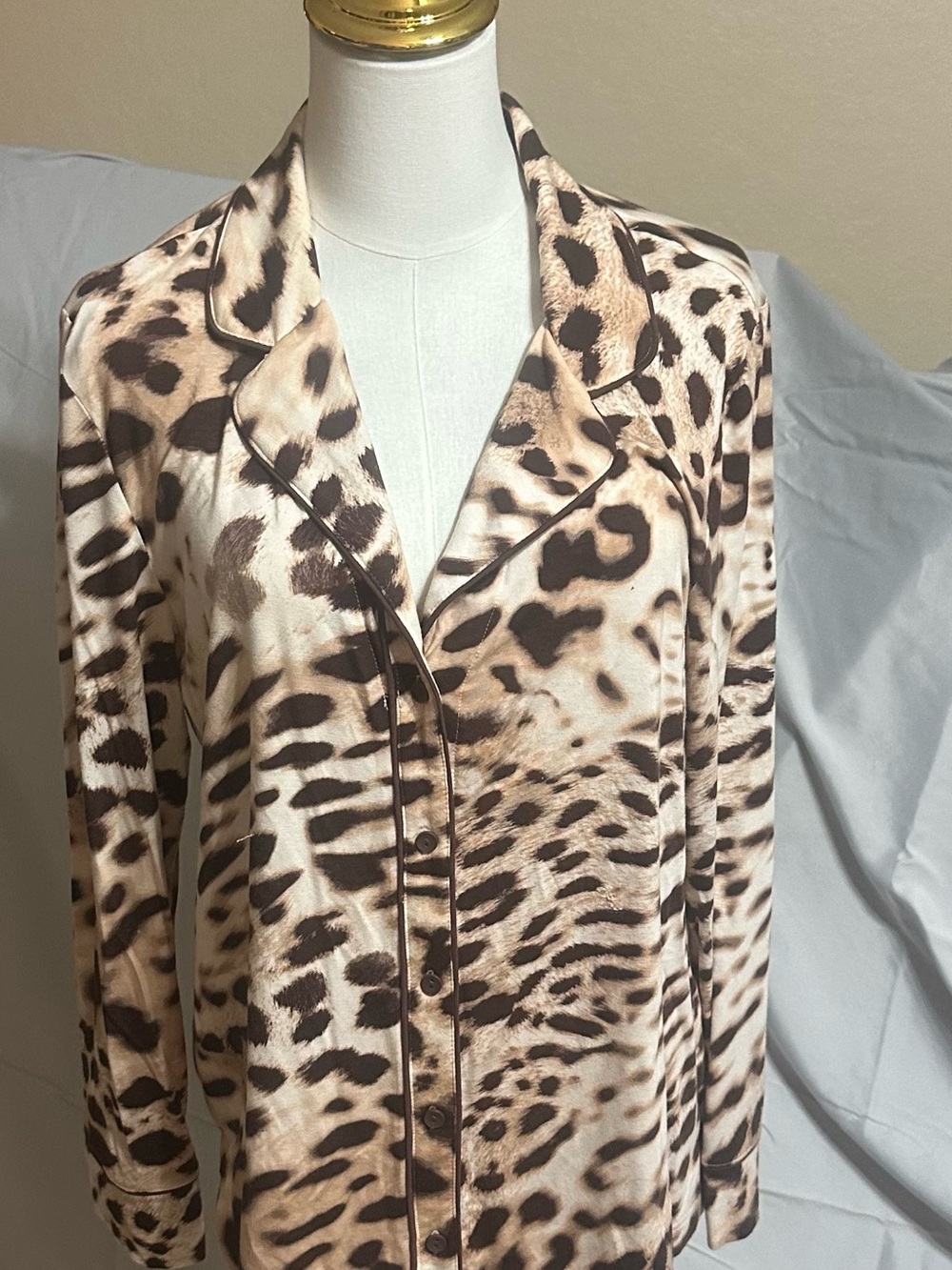 Soma Leopard-Print Button-Front PJ top plus bottoms in Beige and Brown
